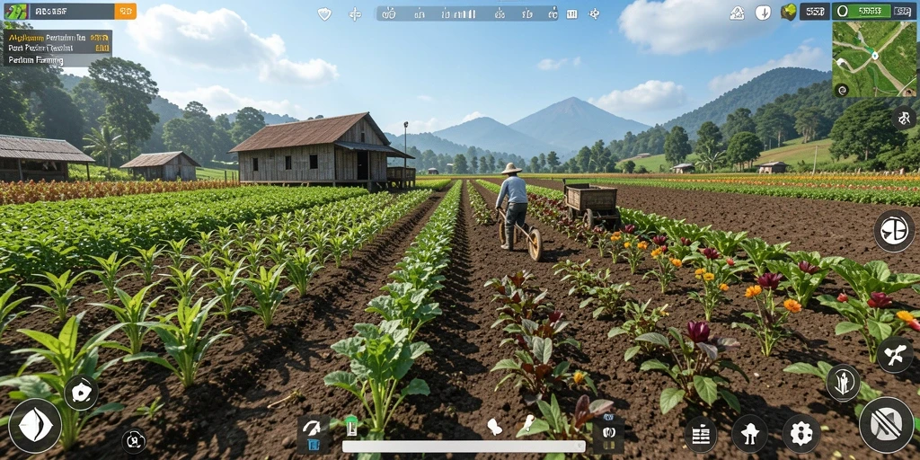 Tangkapan layar dari gameplay 555F yang menunjukkan kegiatan bercocok tanam.