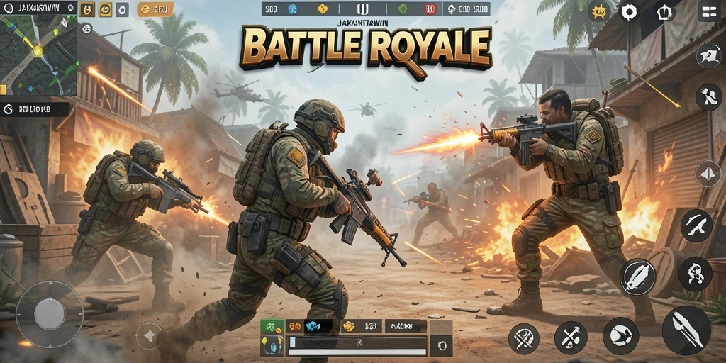 Tampilan gameplay JAKARTAWIN yang seru dalam pertempuran Battle Royale.