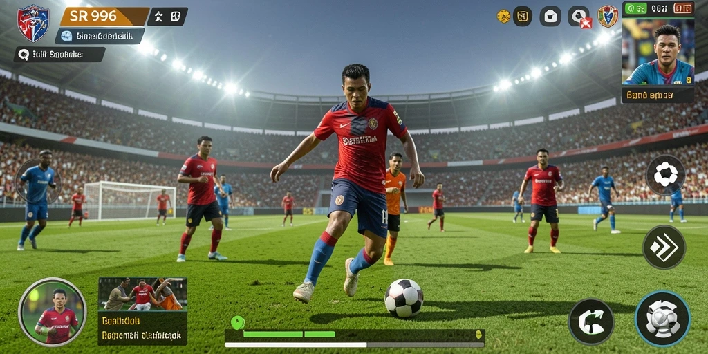 Tangkapan layar SR996 menampilkan aksi permainan sepak bola yang intens dan grafis yang memukau.