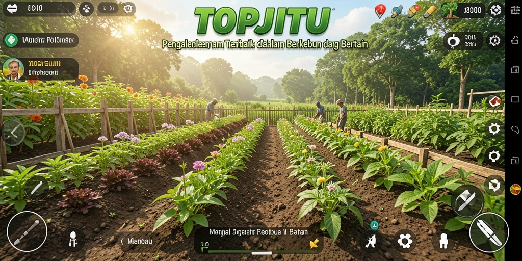 Tampilan gameplay TOPJITU yang menarik dengan aktivitas pertanian dan kebun yang subur.